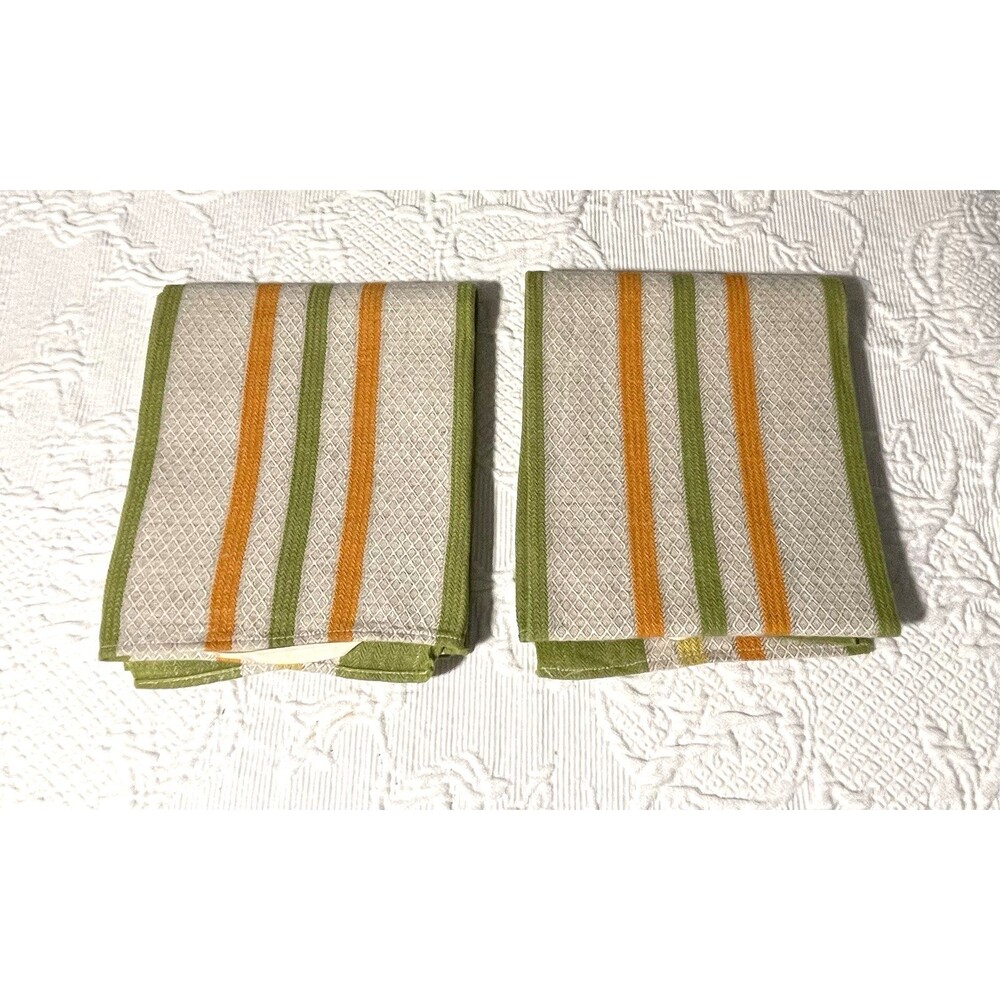 2 - Tea Towels Textured w Vertical Green Orange Stripes Hang Loops on both ends